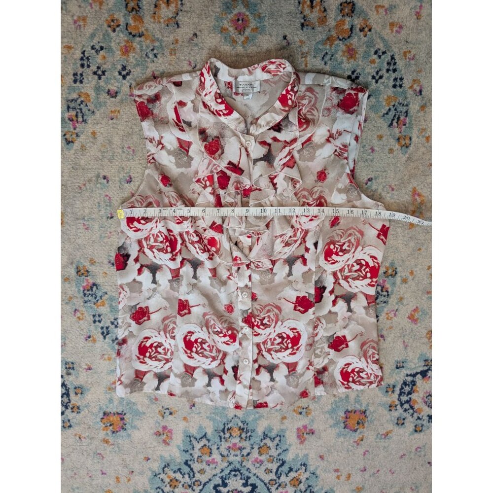 Tahari ASL‎ Petite Gray and Red Floral Ruffle Button-Down Sleeveless Blouse - PL - Picture 6 of 8